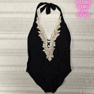Venus Black One Piece Swimsuit Size 14 NEW Crochet Lace Detail Halter Swim